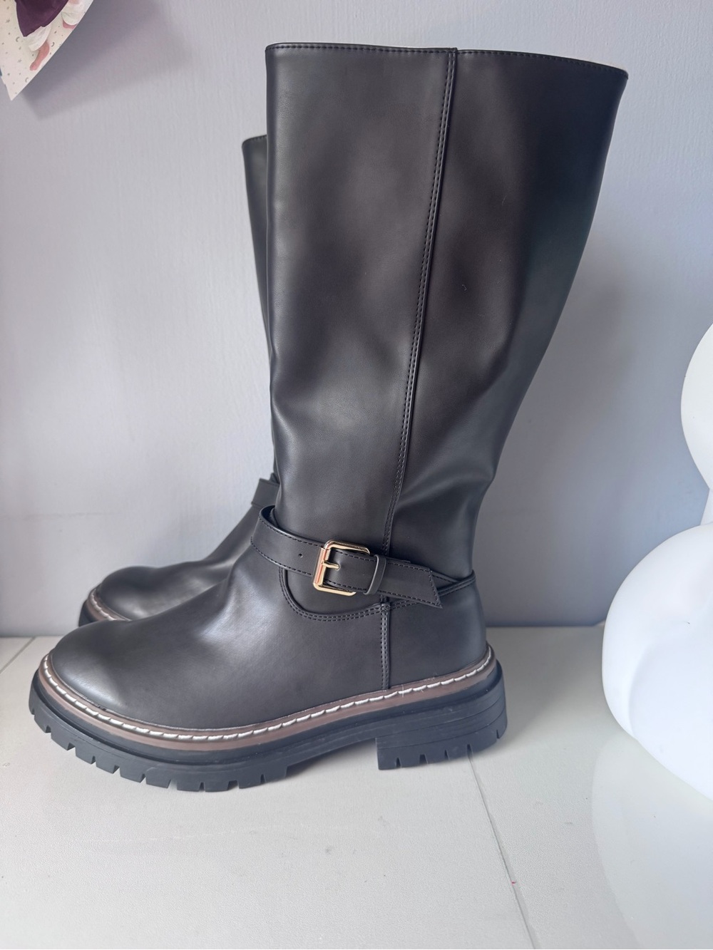 Nautica Black Knee-High Buckle Lug Boots